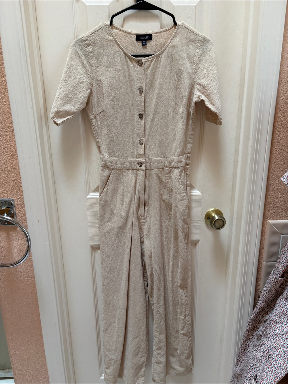 Roolee Cream Short-Sleeve Button Front Jumpsuit